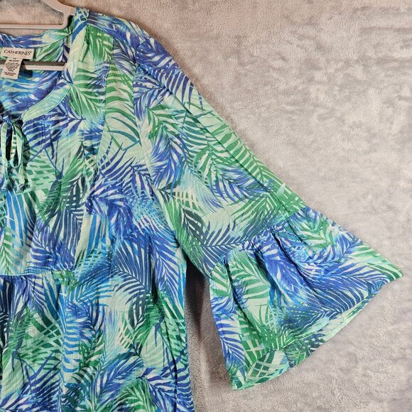 Catherines Blouse 1X Womens Bell Sleeve Top Blue Green Leaf Print Gauzy Peasant - Picture 8 of 14